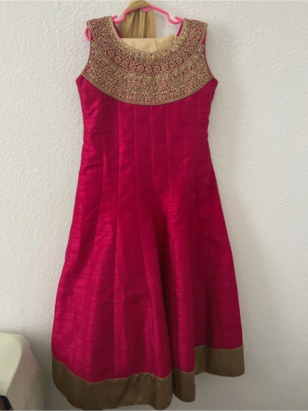 Girls' Hot Pink Embroidered Yoke Formal Dress with Gold Trim